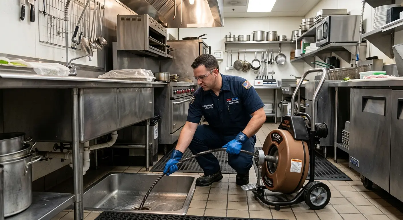Commercial drain cleaning service in a restaurant kitchen in West Haven