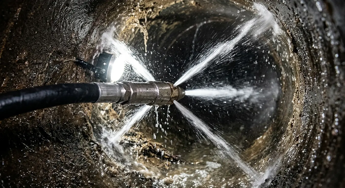 High-pressure hydro jetting nozzle cleaning sewer pipe for Sewer Cleanout in West Haven