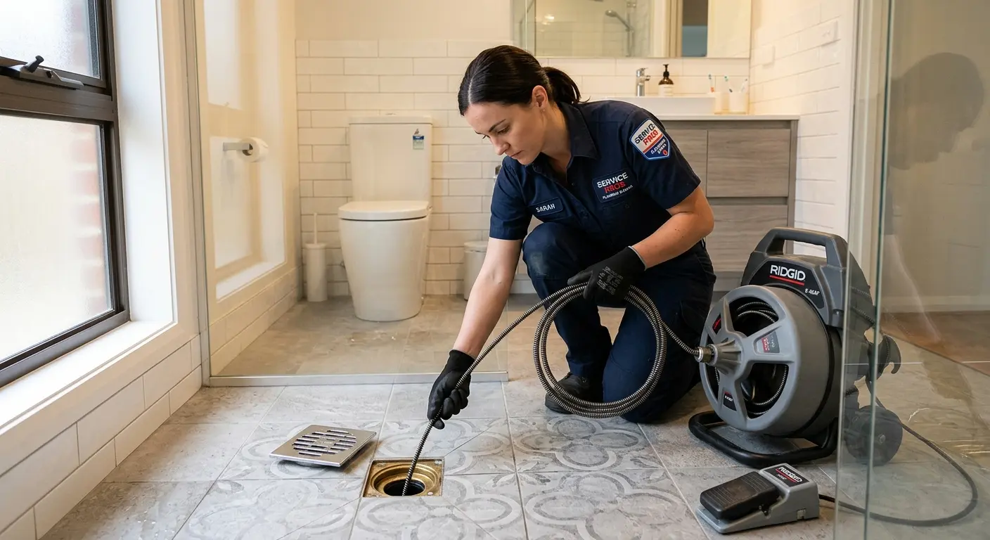 Technician clearing a bathroom floor drain for Drain Repair in West Haven